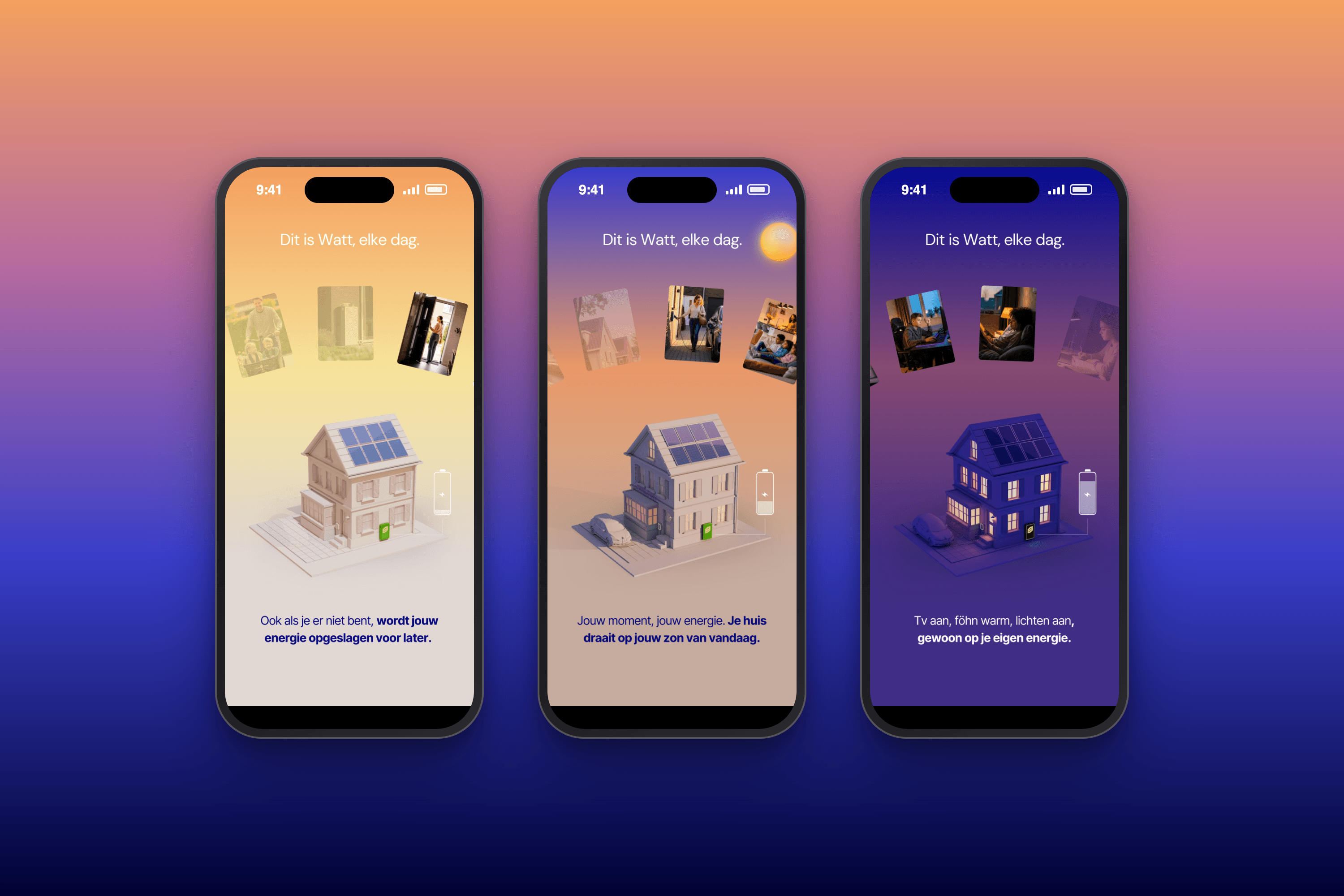 Dit is Watt — GSAP voor de overgangen Drie iPhones met de scroll-animatie 'Dit is Watt, elke dag': ochtend, zonsondergang en nacht