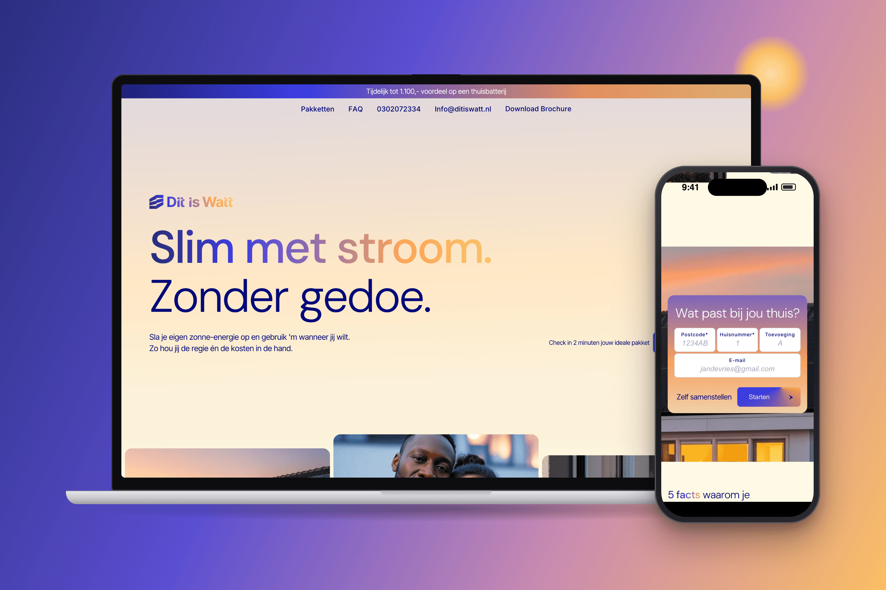 Dit is Watt — Eerst uitleggen, dan een aanvraag Dit is Watt-homepage op een MacBook en het formulier 'Wat past bij jou thuis?' op een iPhone