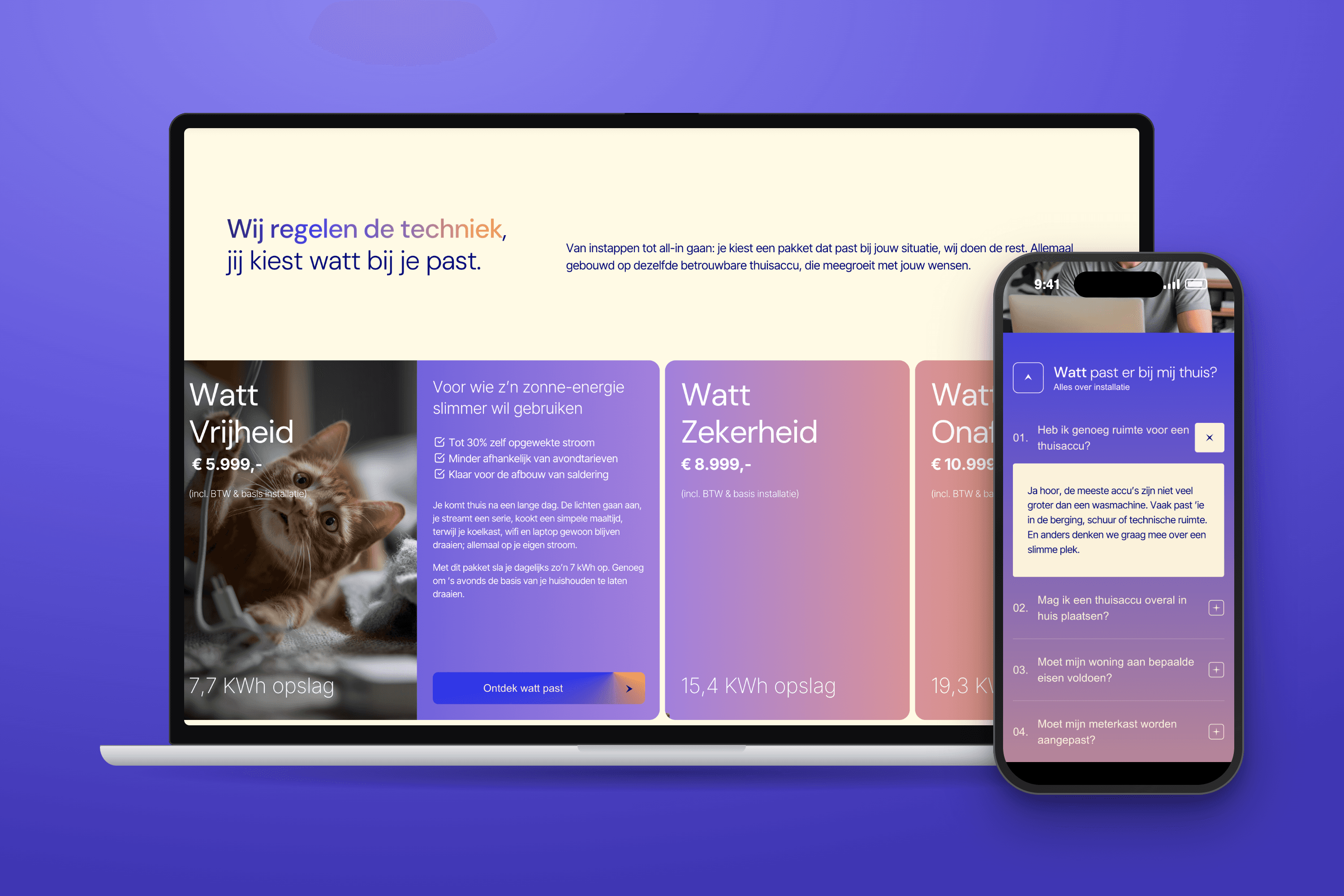 Dit is Watt — Uitleg, dan pakketten, dan vragen Uitgeklapt pakket Watt Vrijheid op een MacBook en de geopende FAQ op een iPhone