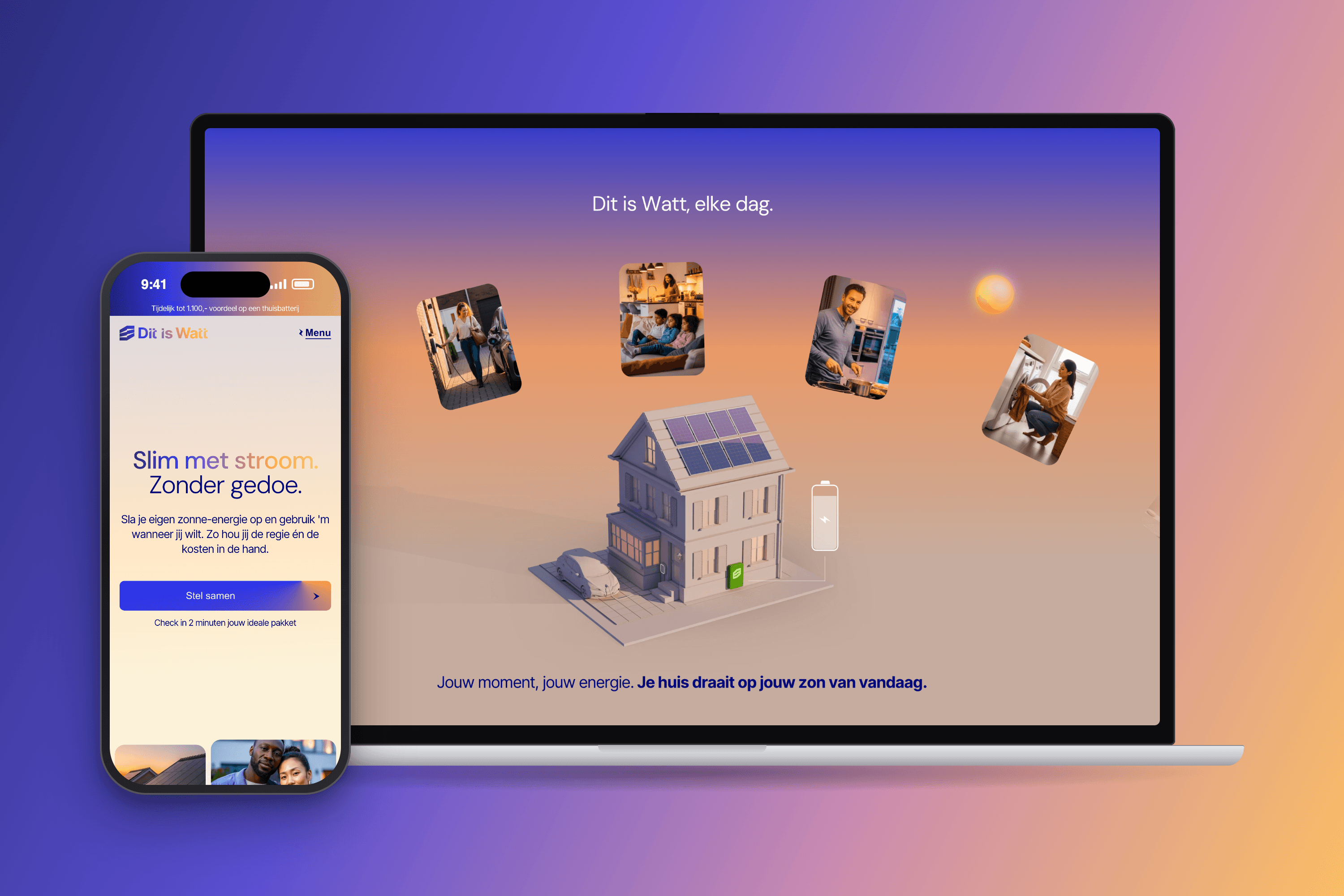 Dit is Watt — The team publishes on its own The day animation with the house at sunset on a MacBook and the mobile homepage on an iPhone