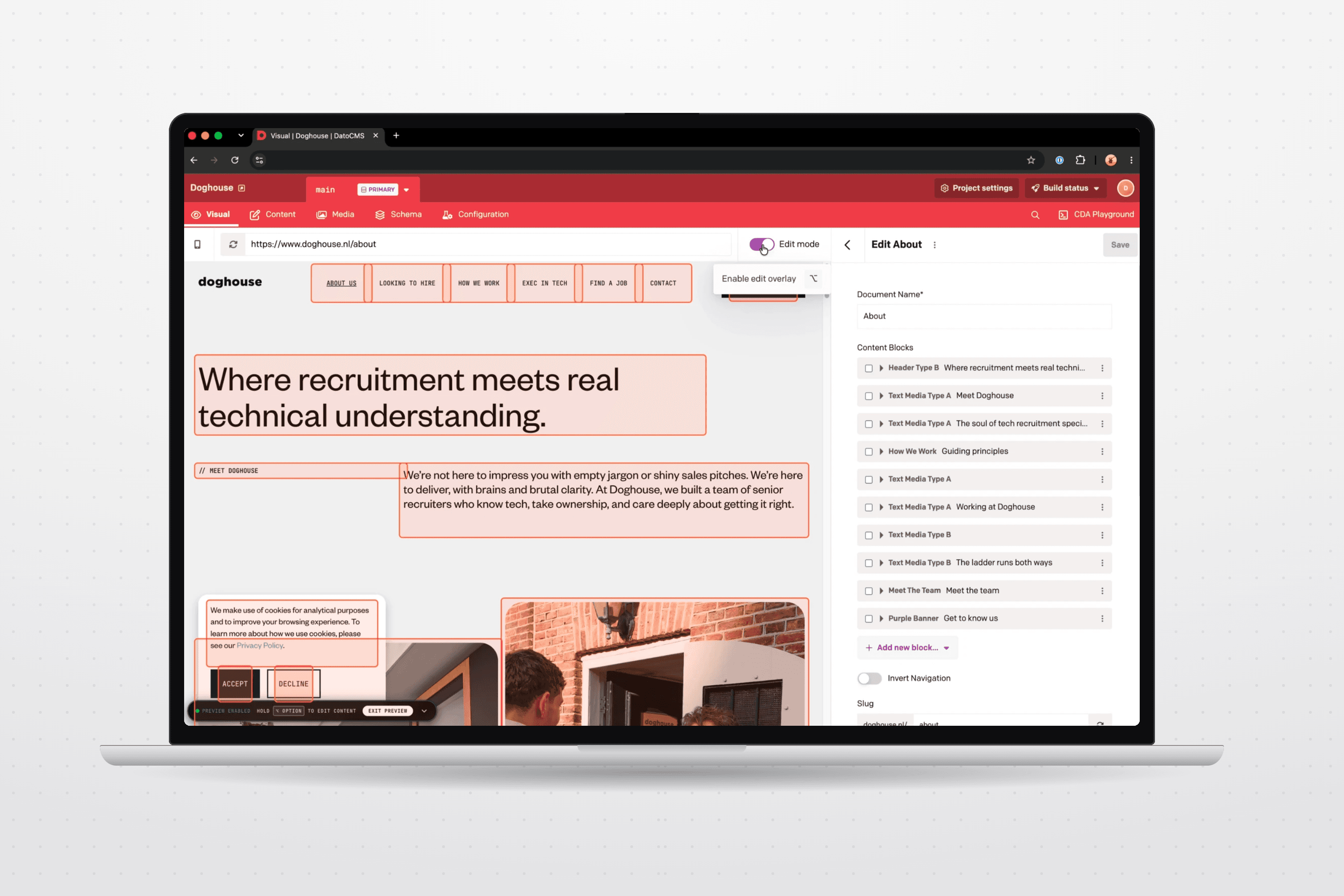 Doghouse Recruitment — CMS and job listings The About page in DatoCMS Visual editing, with editable content blocks next to the live preview, on a MacBook