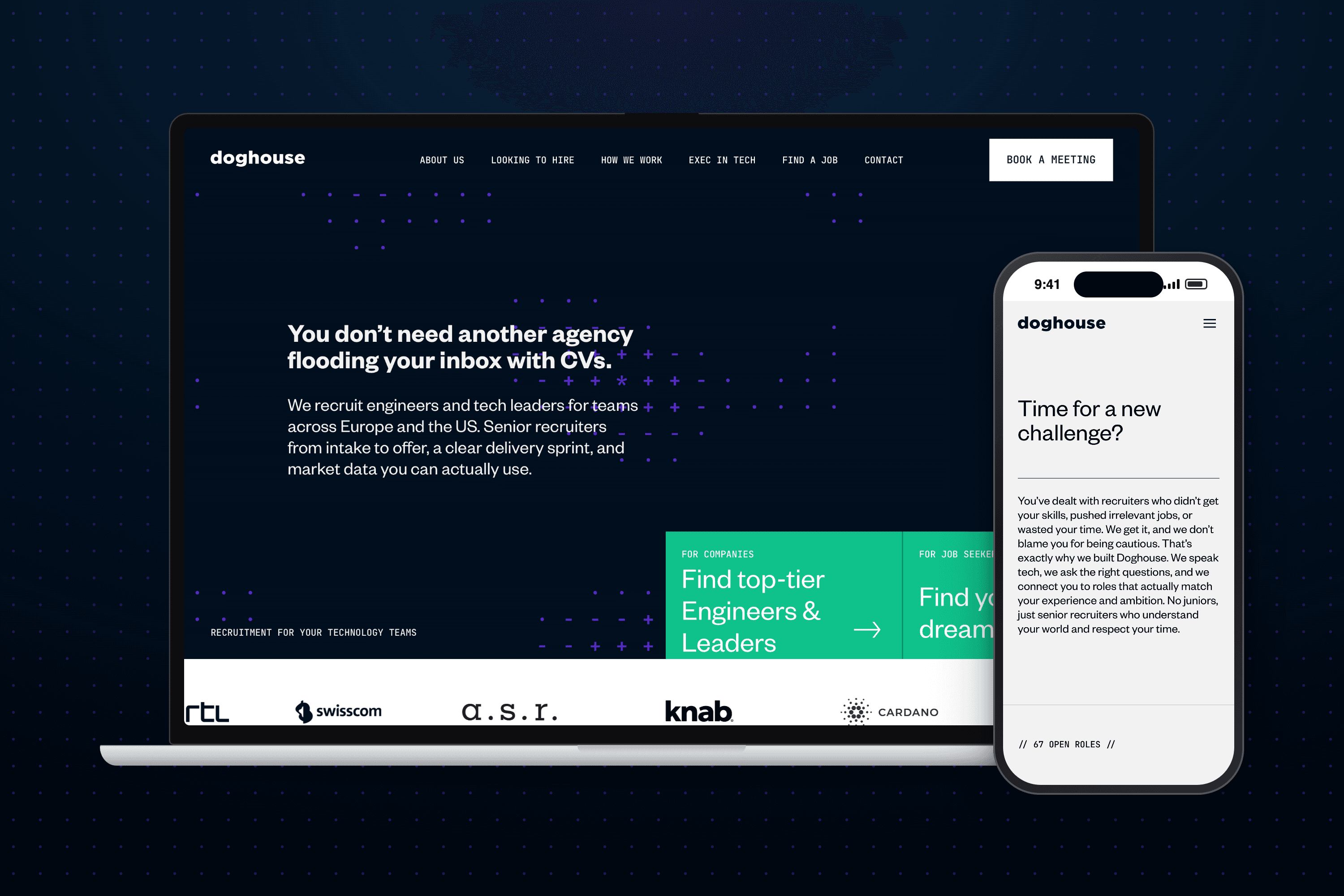 Doghouse Recruitment — Two kinds of visitors Doghouse homepage with separate paths for hiring teams and candidates on a MacBook, and the jobs page on an iPhone