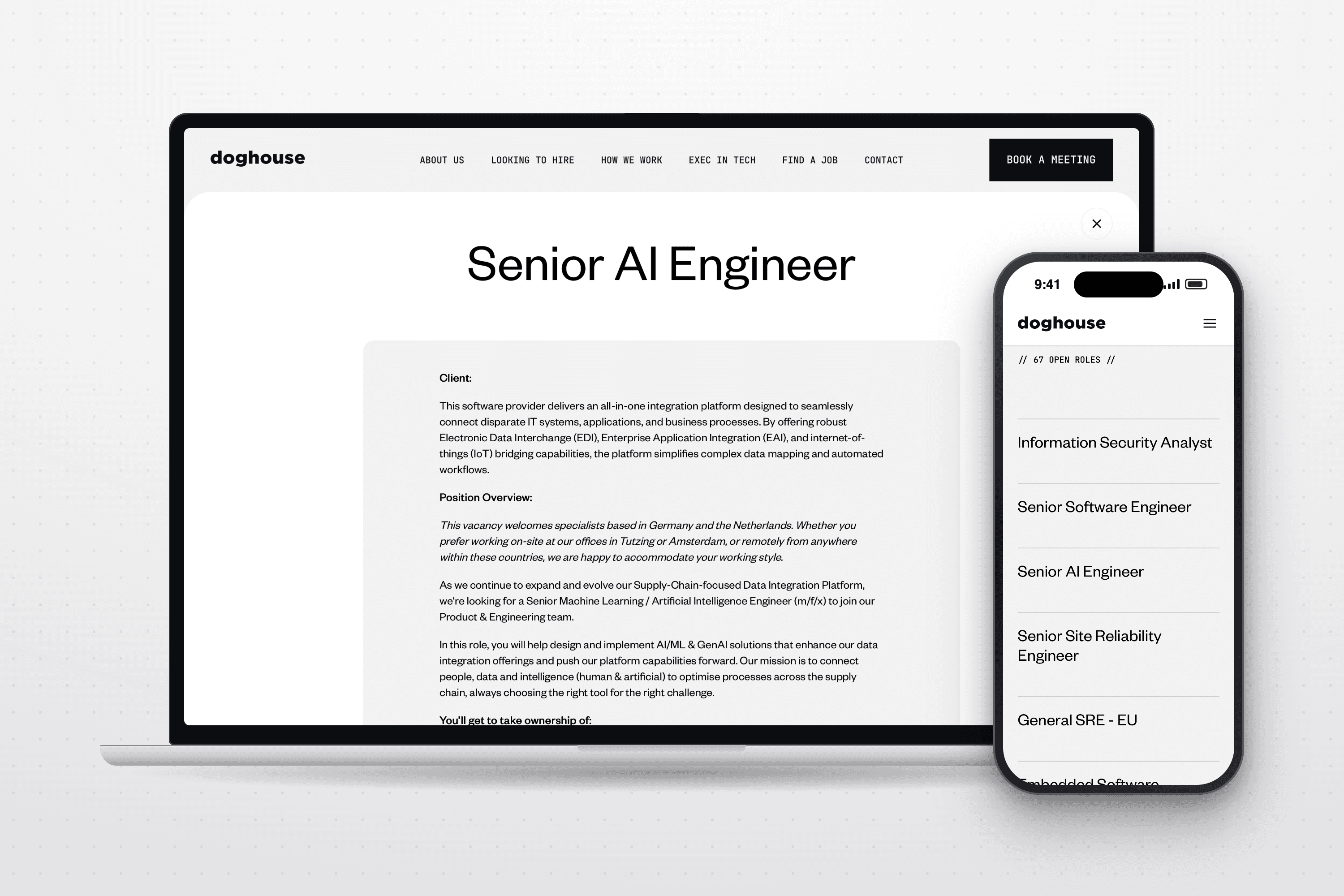 Doghouse Recruitment — A separate route for each visitor Job detail page with a clear route to apply on a MacBook, and the list of open roles on an iPhone