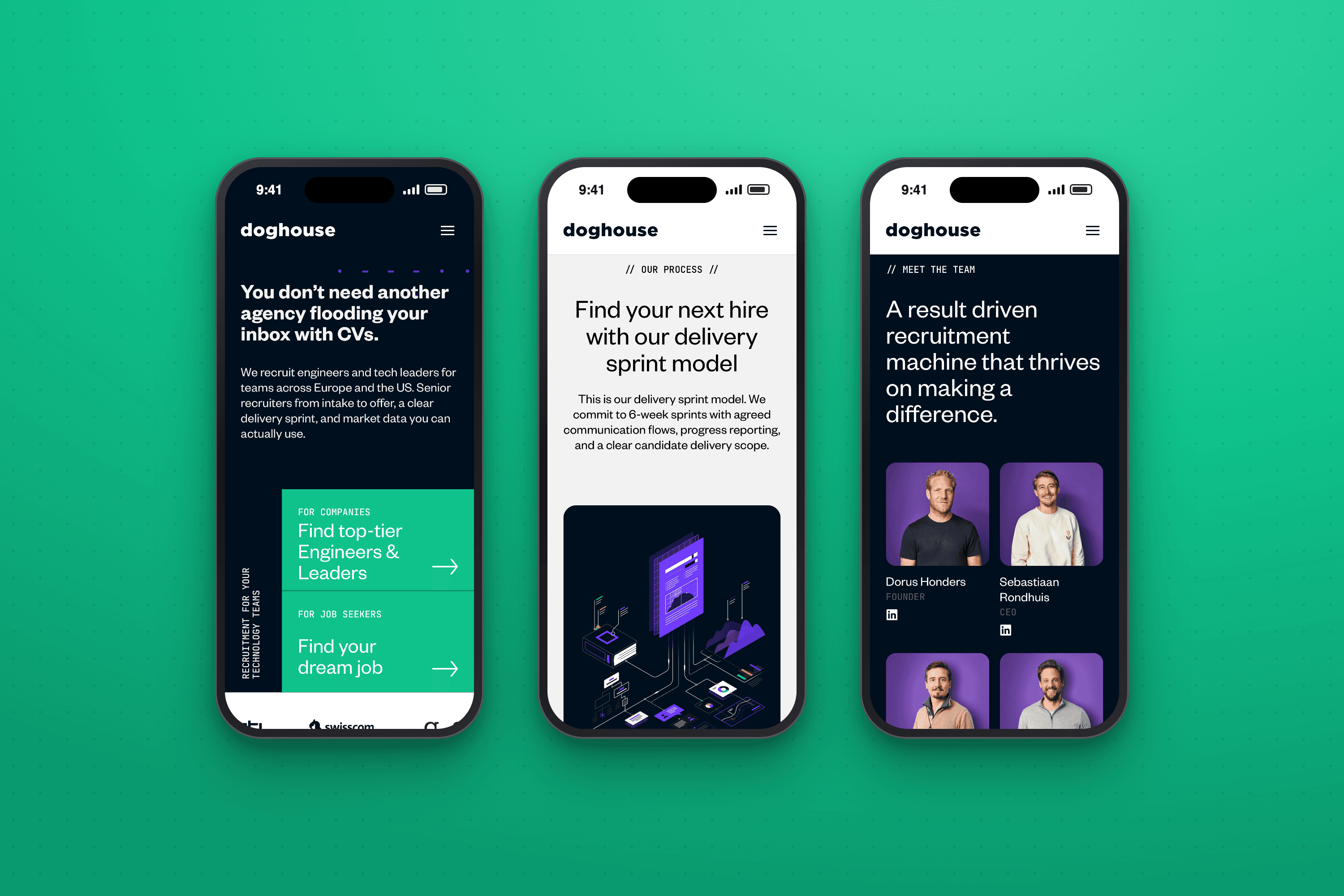 Doghouse Recruitment — A calm site with its own face Three iPhones showing Doghouse's mobile homepage, sprint process and team