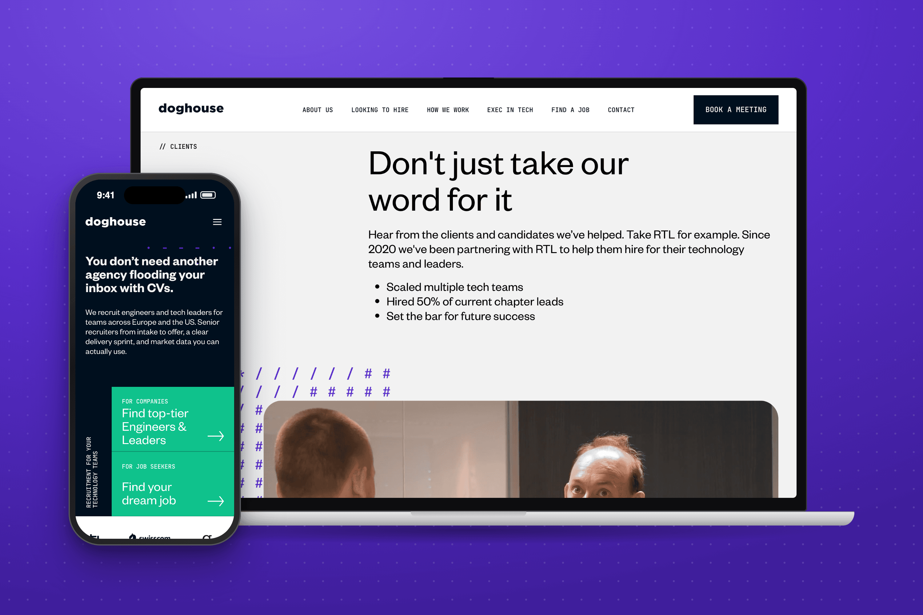 Doghouse Recruitment — Video as ASCII art Client reviews with a video in an ASCII frame on a MacBook, and the WebGL hero on an iPhone