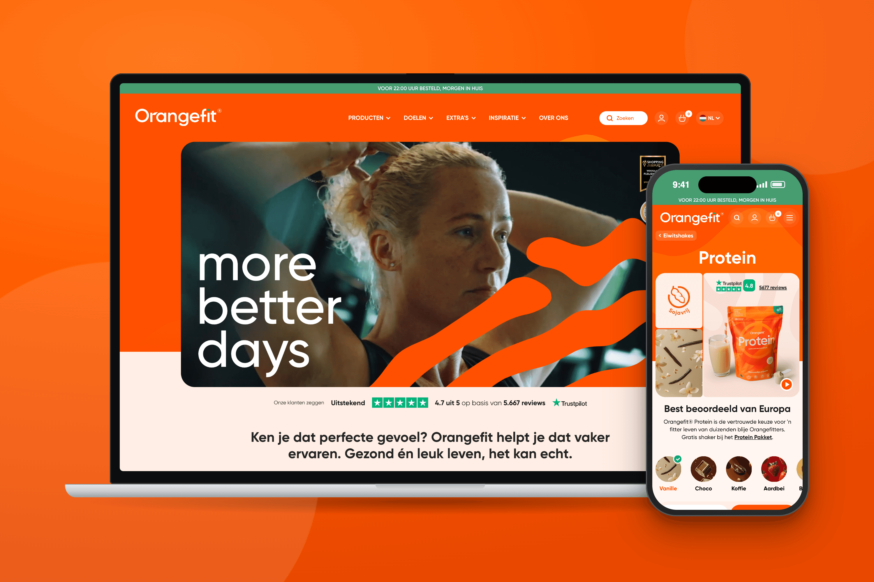 Orangefit — Too much for a standard Shopify store Orangefit homepage on a MacBook and the Protein product page on an iPhone