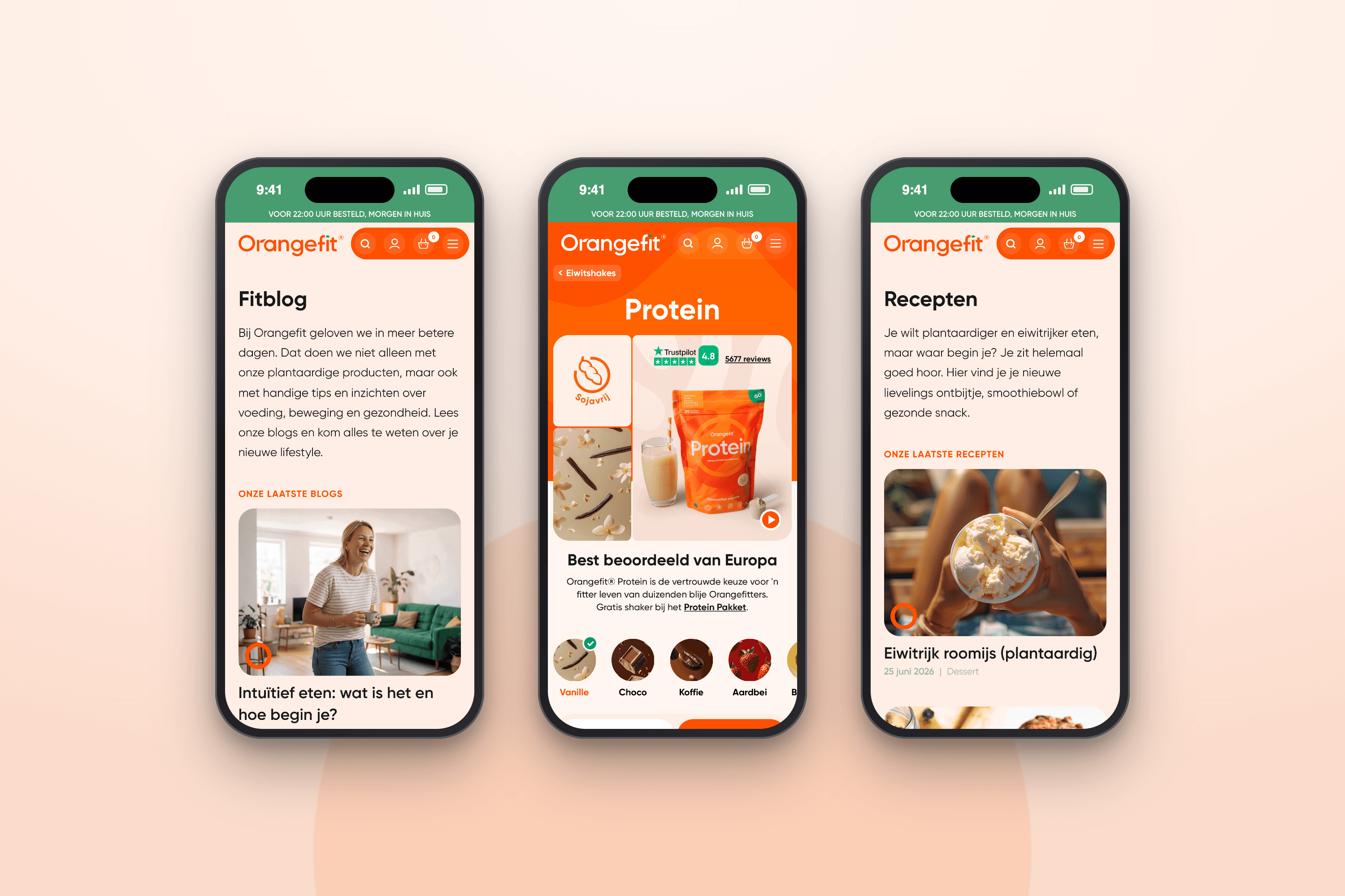 Orangefit — Shopify at the core, Next.js and DatoCMS around it Three iPhones showing Orangefit's mobile Fitblog, the Protein product page and the recipes page