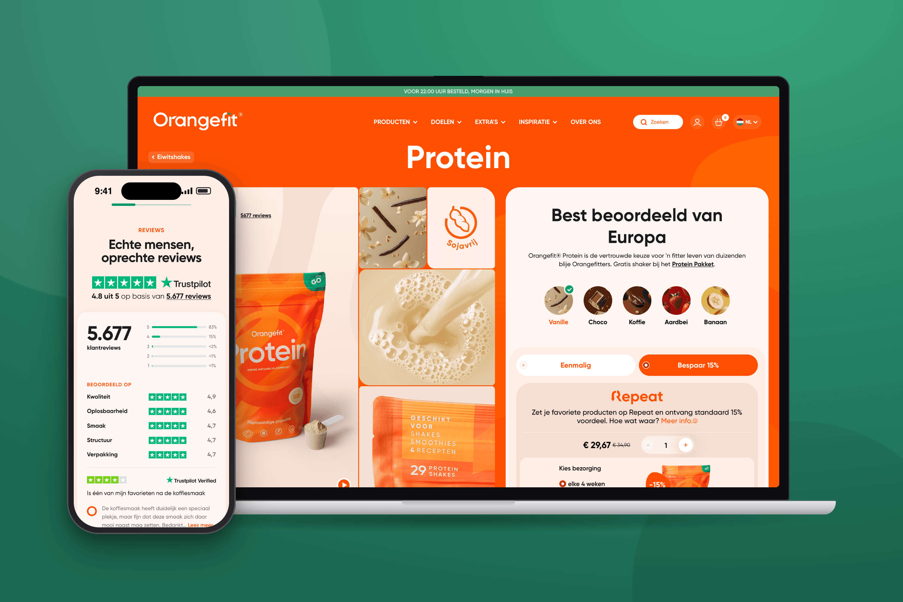 Orangefit — Fast, even on Black Friday Protein product page with Repeat subscription on a MacBook and Trustpilot reviews on an iPhone