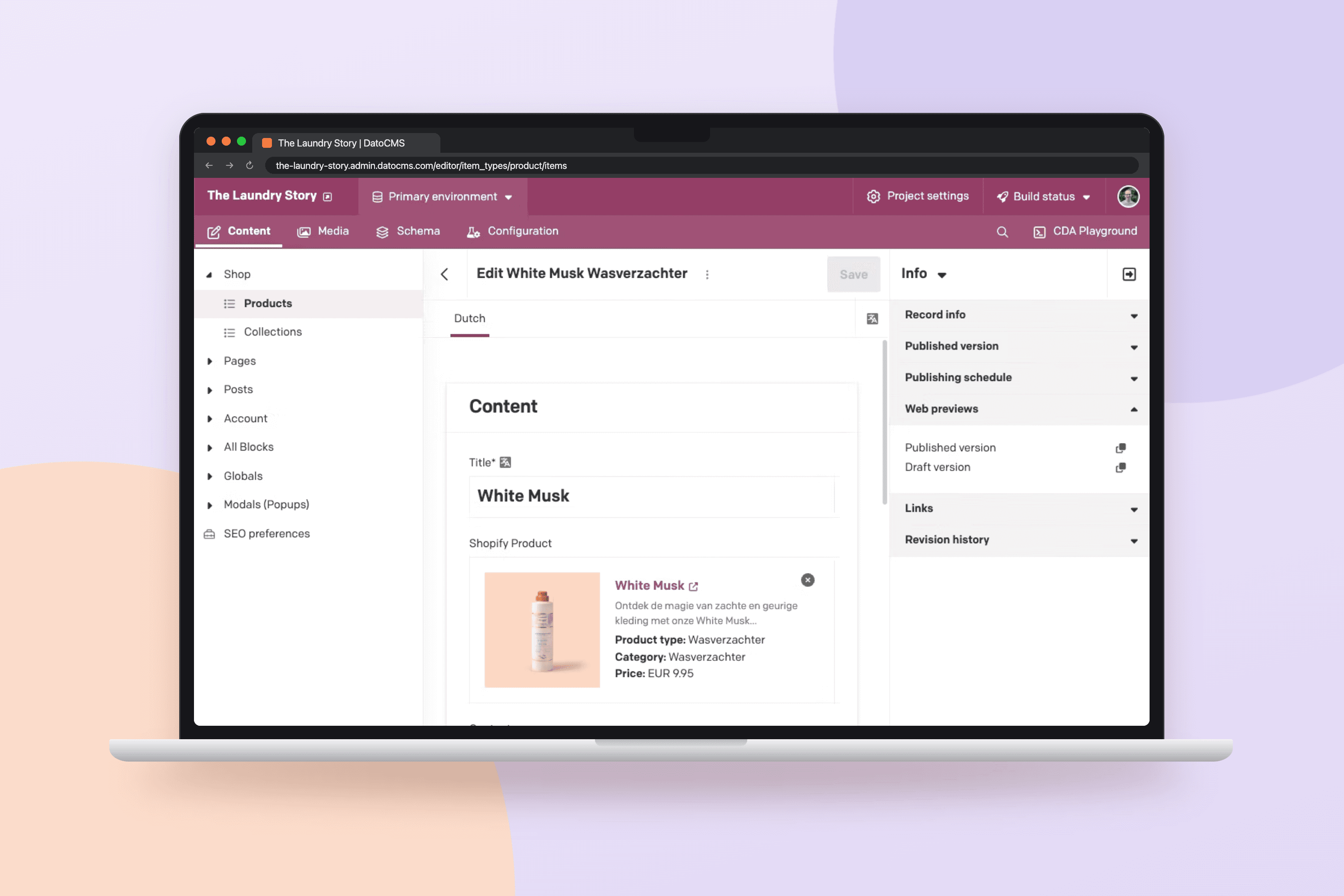 The Laundry Story — Eigen DatoCMS-plugin om Shopify-producten te koppelen MacBook-mockup van DatoCMS met een productrecord en een gekoppeld Shopify-product, inclusief afbeelding, type, categorie en prijs