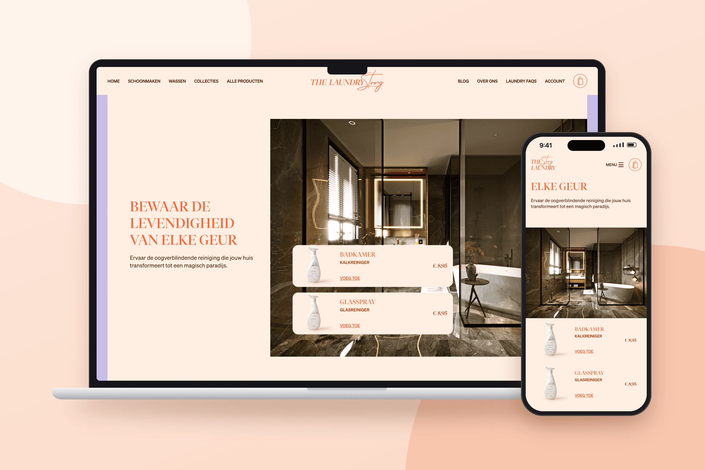 The Laundry Story — Contentblokken, zoals een cross-sell in de blog MacBook- en iPhone-mockup van een blogartikel met een cross-sellblok: een badkamerfoto met producten die je direct kunt kopen