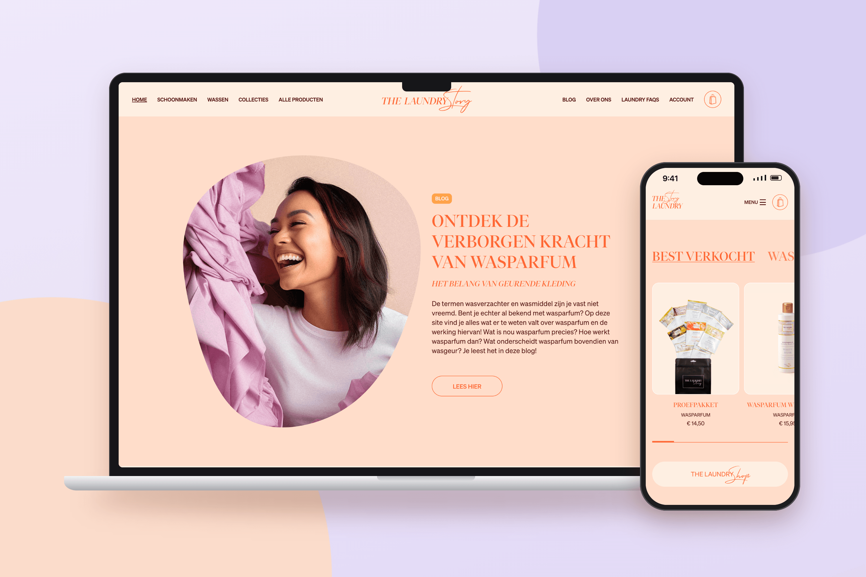 The Laundry Story — Veel content, en een winkel die gewoon werkt MacBook- en iPhone-mockup van The Laundry Story: een merkverhaal over wasparfum op desktop en de bestsellercarrousel op mobiel
