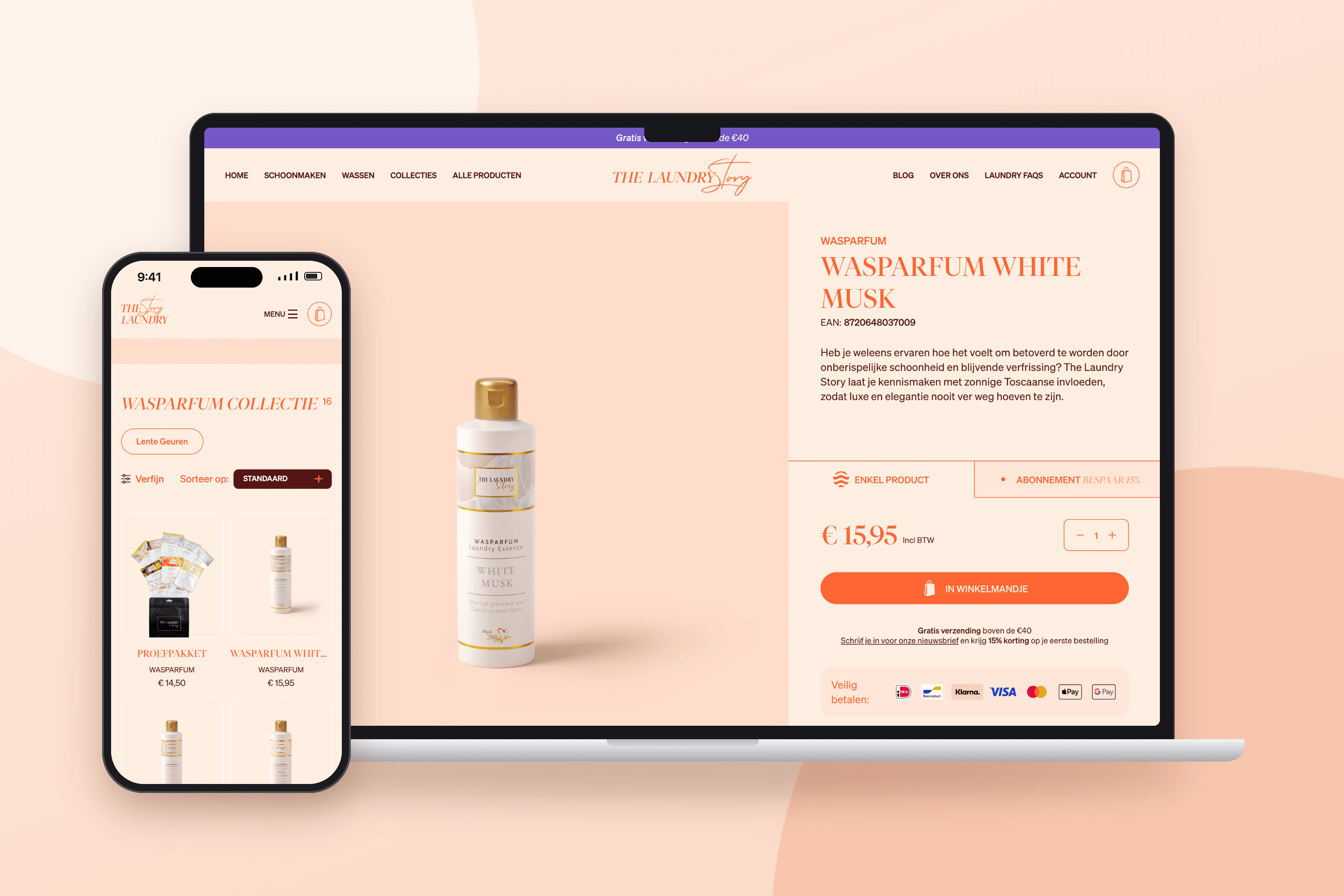 The Laundry Story — Productpagina's uit Shopify, met content uit DatoCMS MacBook- en iPhone-mockup van de productpagina van wasparfum White Musk op desktop en de wasparfumcollectie op mobiel