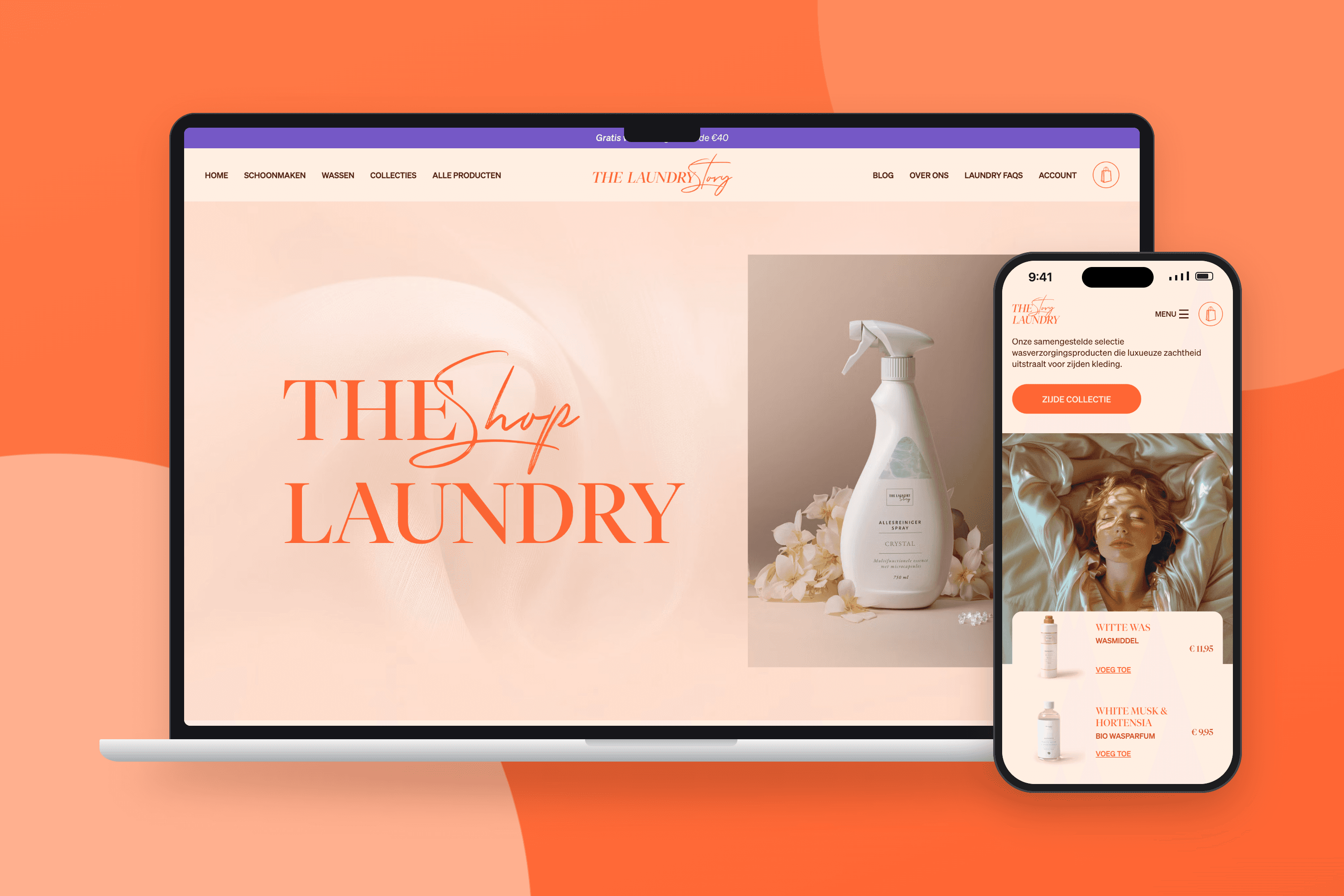 The Laundry Story — De shoppagina en een cross-sell in de blog MacBook- en iPhone-mockup van de shoppagina op desktop en een cross-sellblok in de blog op mobiel